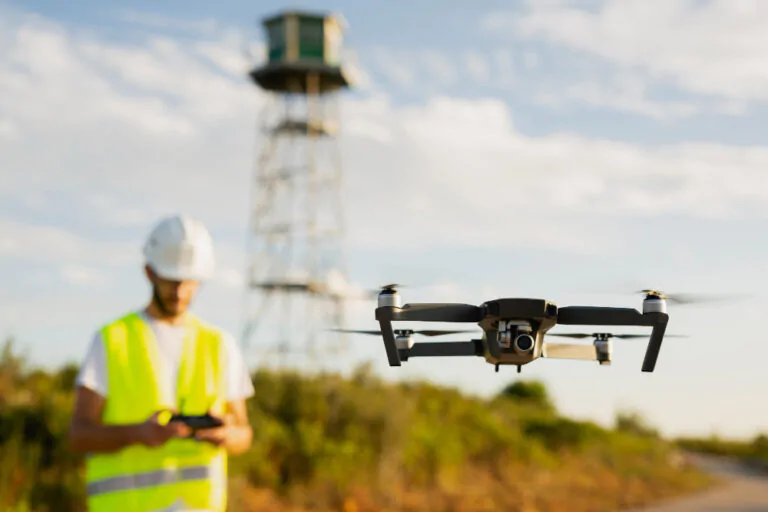 foto de profissional comandando um drone para sobrevoar área mineral.